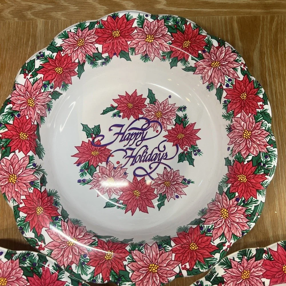 Berman Molded Plastic Bowl Poinsettia‎ Happy Holidays Christmas Dish (3) Vintage